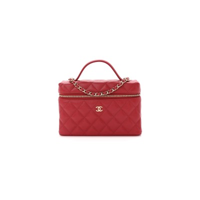 CHANEL CAVIAR QUILTED TOP HANDLE SLIM VANITY WITH CHAIN RED (19*11*5cm) 